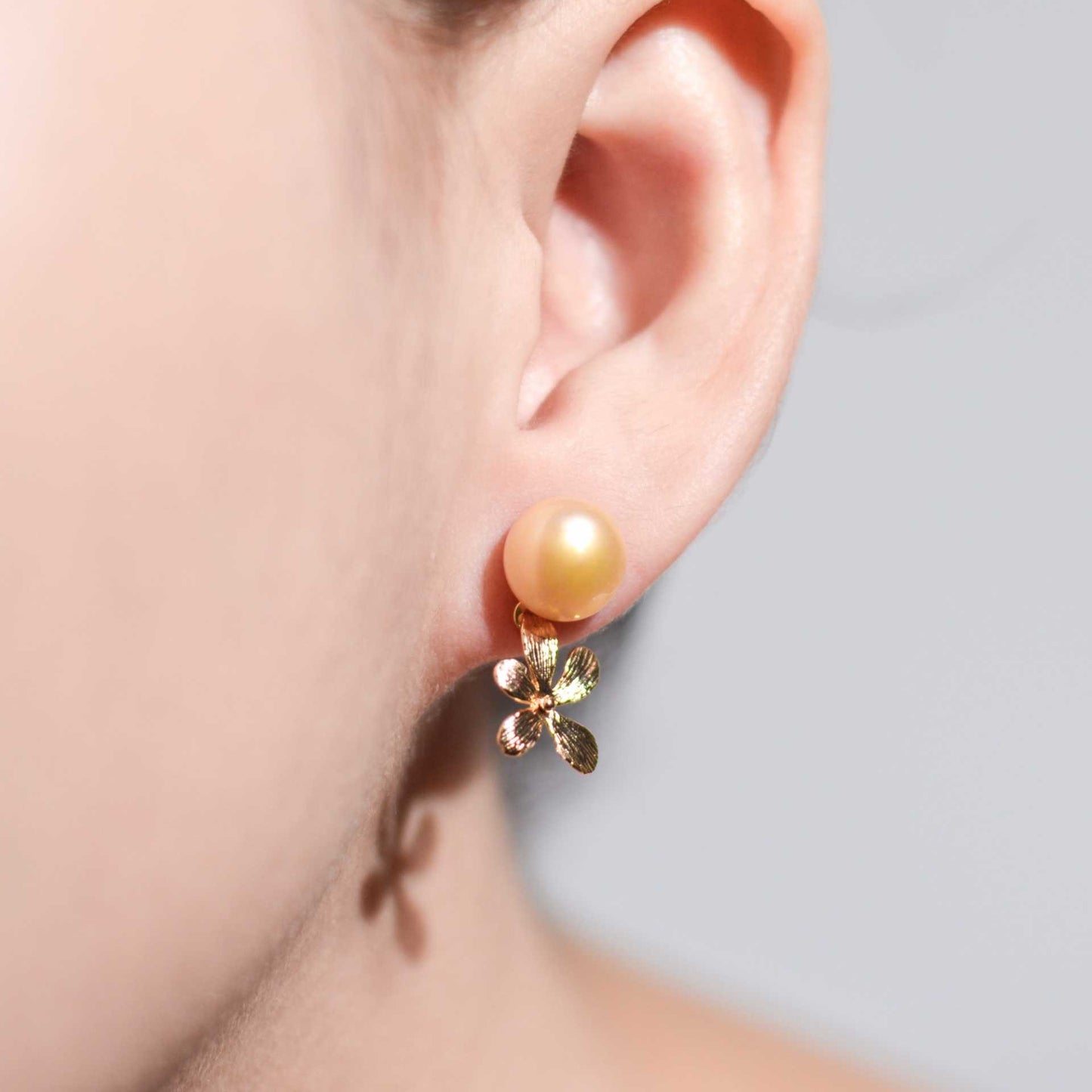9.3 mm Champagne Siopao Pearl Yellow Gold Plated Stud with Flower Drop Earrings