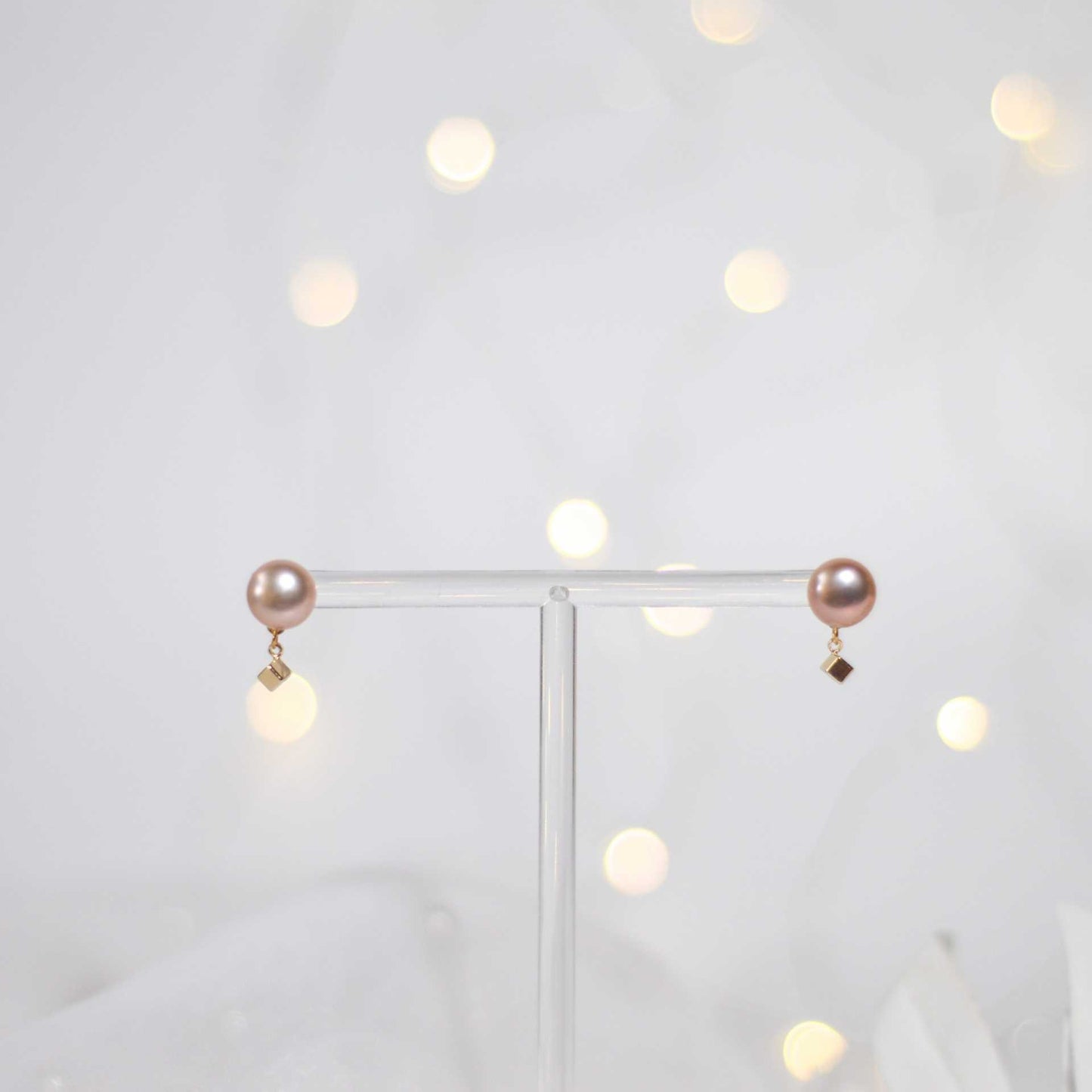 9.3 mm purple siopao pearl yellow gold plated stud with cube drop