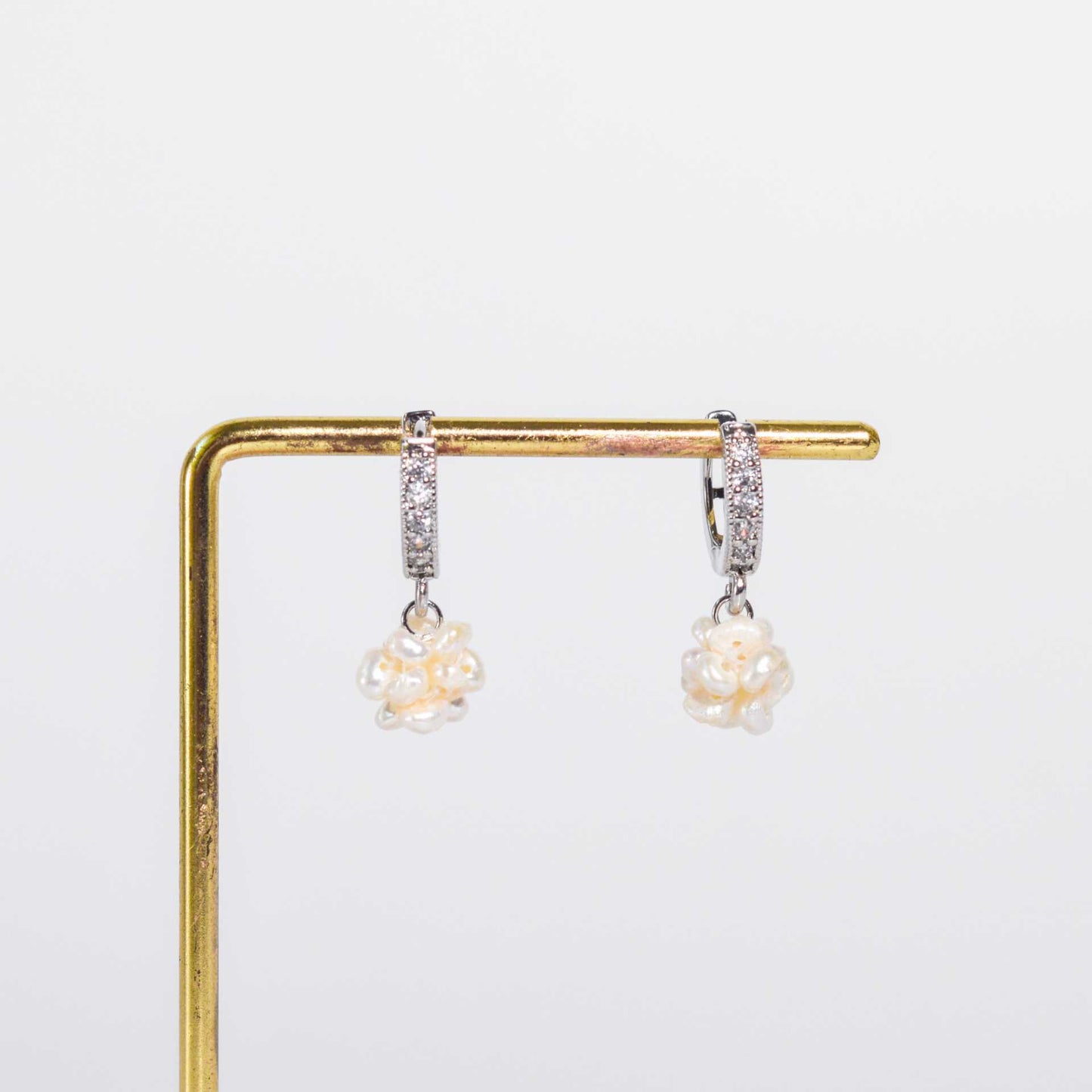 9.5 mm White Pearl Ball Rhodium Plated with Inlaid Zircon Hoop Earrings