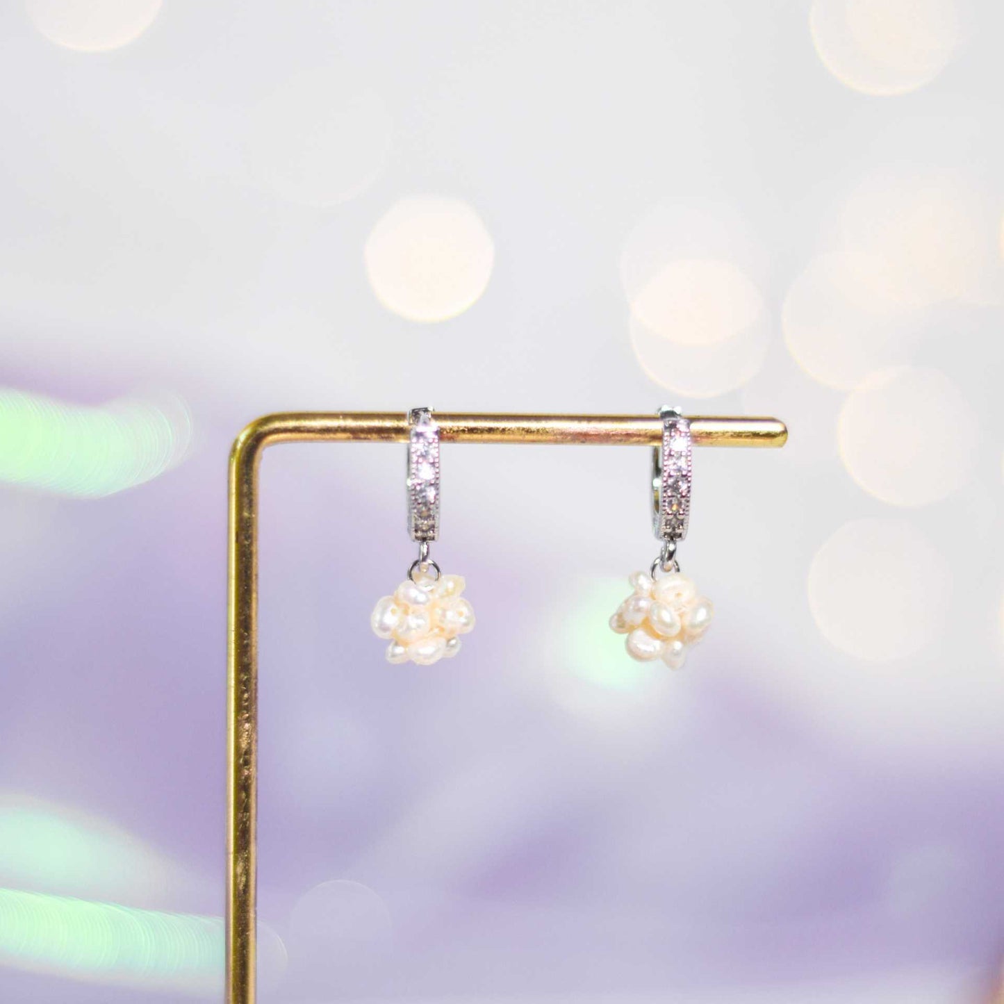 9.5 mm White Pearl Ball Rhodium Plated with Inlaid Zircon Hoop Earrings