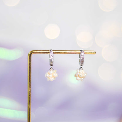 9.5 mm White Pearl Ball Rhodium Plated with Inlaid Zircon Hoop Earrings