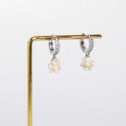 9.5 mm White Pearl Ball Rhodium Plated with Inlaid Zircon Hoop Earrings