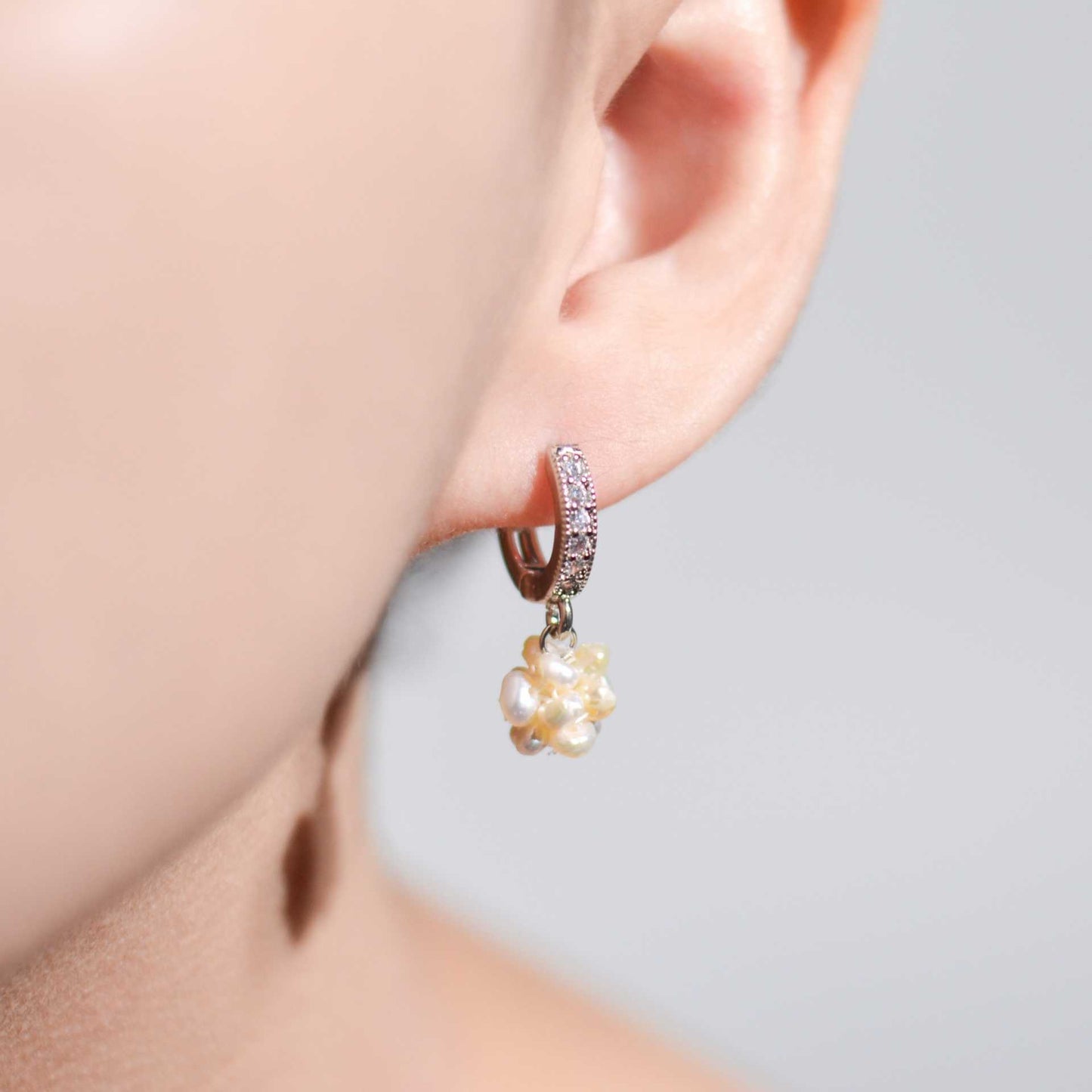 9.5 mm White Pearl Ball Rhodium Plated with Inlaid Zircon Hoop Earrings