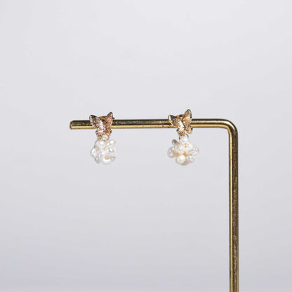 9.5 mm White Pearl Ball Yellow Gold Plated Dangling with Butterfly Stud