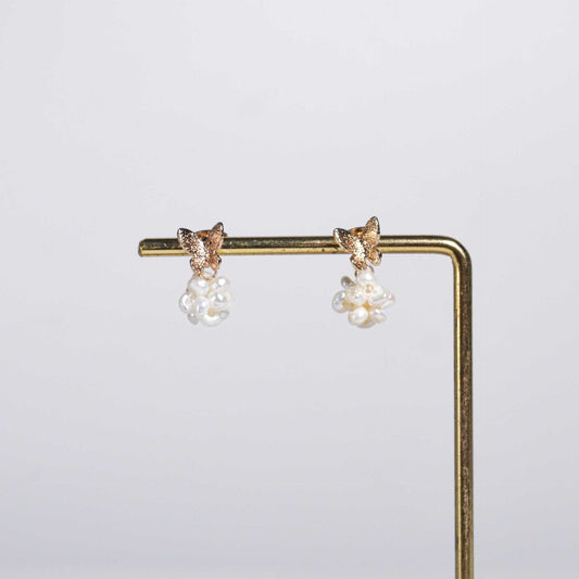9.5 mm White Pearl Ball Yellow Gold Plated Dangling with Butterfly Stud