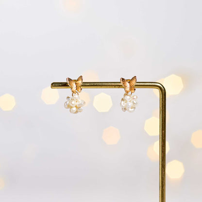 9.5 mm White Pearl Ball Yellow Gold Plated Dangling with Butterfly Stud