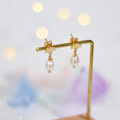 9.5 mm white biwa pearl dangling yellow gold plated with half circle stud earrings