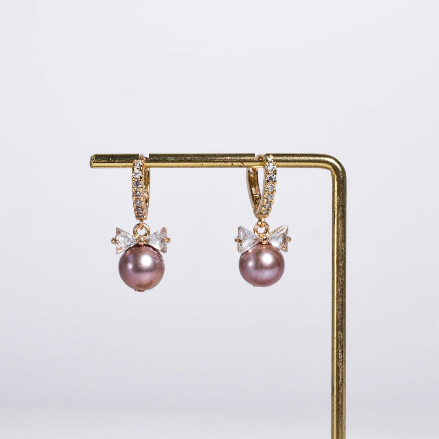9.6 mm Purple Round Pearl Yellow Gold Plated Zircon Inlaid Dangling Zircon Bow Earrings