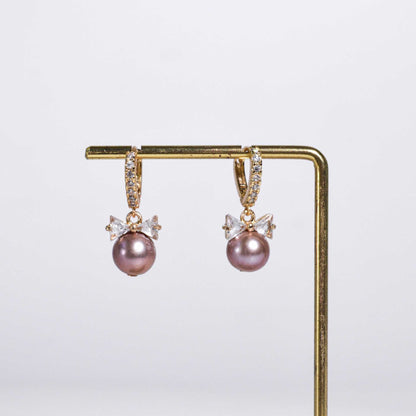 9.6 mm Purple Round Pearl Yellow Gold Plated Zircon Inlaid Dangling Zircon Bow Earrings