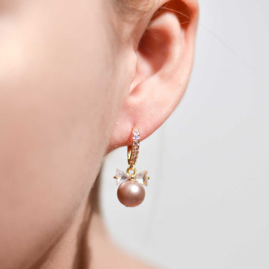 9.6 mm Purple Round Pearl Yellow Gold Plated Zircon Inlaid Dangling Zircon Bow Earrings
