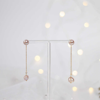 9.6 mm purple siopao pearl stud with removable 8.6 mm purple kieshe pearl yellow gold plated dangling earrings