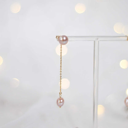9.6 mm purple siopao pearl stud with removable 8.6 mm purple kieshe pearl yellow gold plated dangling earrings