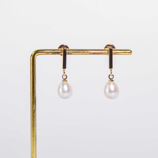 9.7 mm White Biwa Pearl Yellow Gold Plated with Rectangle Stud Earrings