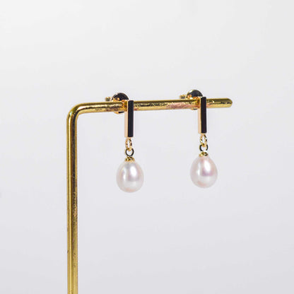 9.7 mm White Biwa Pearl Yellow Gold Plated with Rectangle Stud Earrings