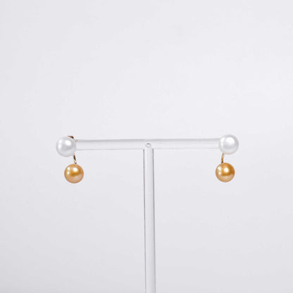 9.7 mm white siopao pearl yellow gold plated stud with 9.3 mm champagne siopao half hoop plug earrings