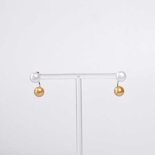9.7 mm white siopao pearl yellow gold plated stud with 9.3 mm champagne siopao half hoop plug earrings