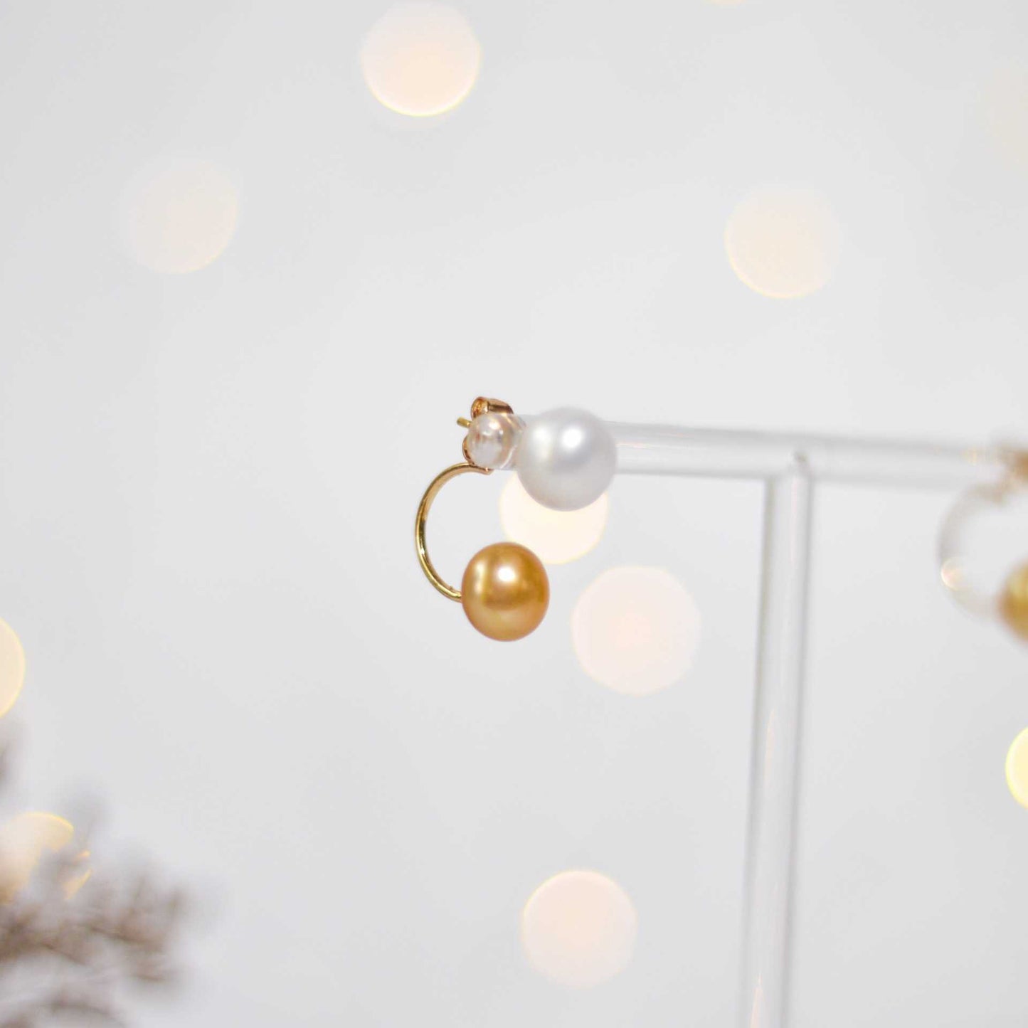 9.7 mm white siopao pearl yellow gold plated stud with 9.3 mm champagne siopao half hoop plug earrings