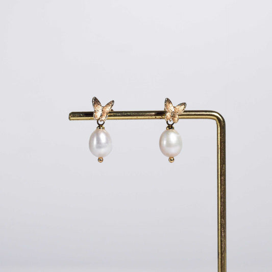 9.8 mm White Biwa Pearl Yellow Gold Plated Dangling with Butterfly Stud