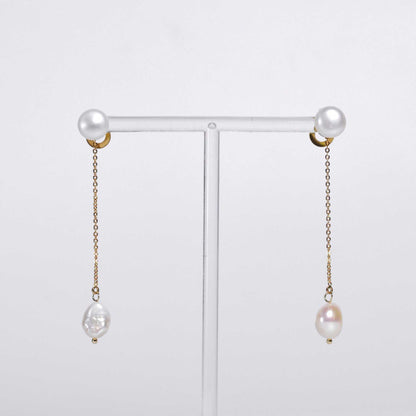 9.9 mm white siopao pearl stud with removable 11.7 mm white baroque pearl yellow gold plated dangling earrings