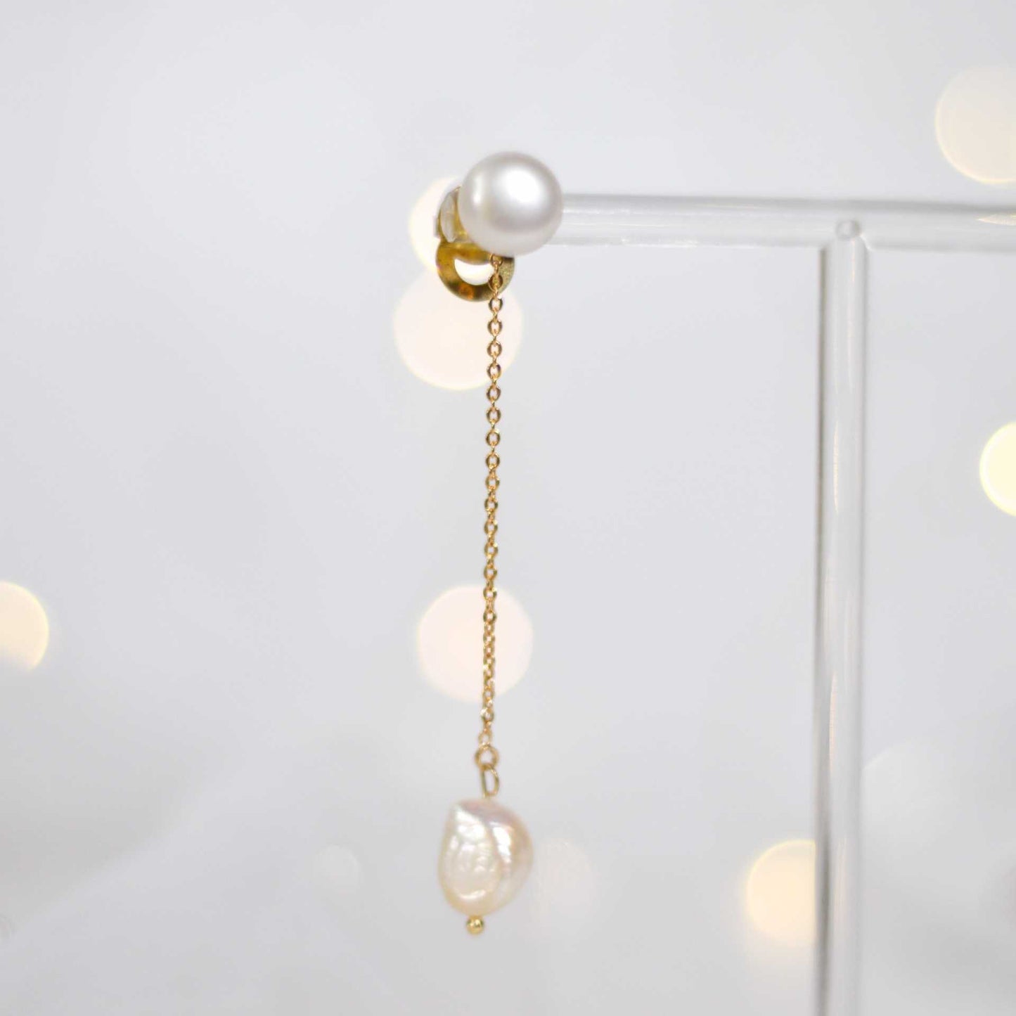 9.9 mm white siopao pearl stud with removable 11.7 mm white baroque pearl yellow gold plated dangling earrings