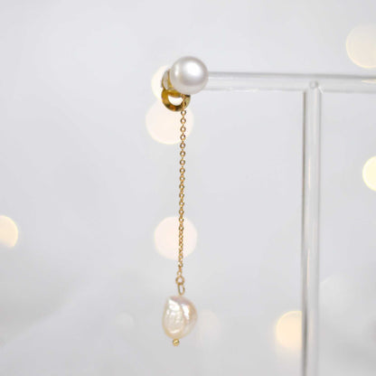 9.9 mm white siopao pearl stud with removable 11.7 mm white baroque pearl yellow gold plated dangling earrings