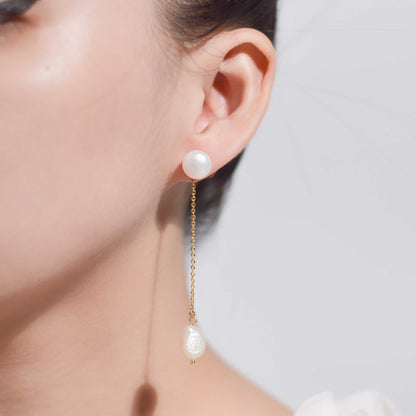 9.9 mm white siopao pearl stud with removable 11.7 mm white baroque pearl yellow gold plated dangling earrings