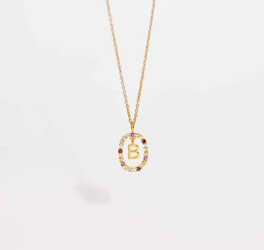 Alphabet "Letter B" with Multi Gemstones Halo Gold plated Necklace