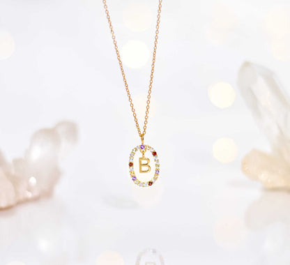 Alphabet "Letter B" with Multi Gemstones Halo Gold plated Necklace