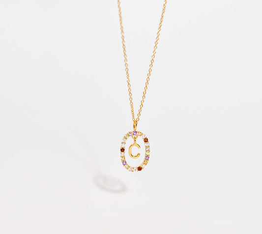 Alphabet "Letter C" with Multi Gemstones Halo Gold plated Necklace