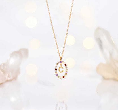 Alphabet "Letter C" with Multi Gemstones Halo Gold plated Necklace