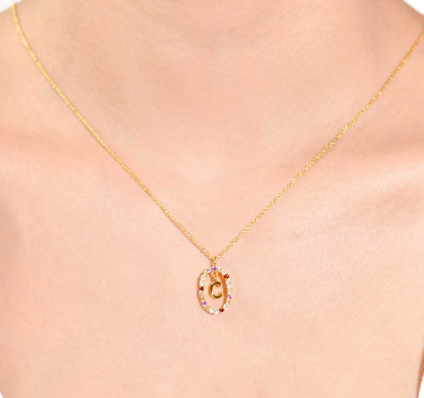 Alphabet "Letter C" with Multi Gemstones Halo Gold plated Necklace