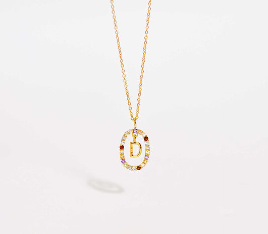 Alphabet "Letter D" with Multi Gemstones Halo Gold plated Necklace