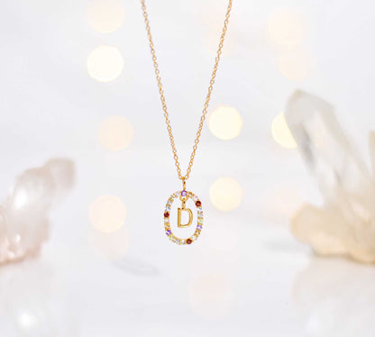 Alphabet "Letter D" with Multi Gemstones Halo Gold plated Necklace