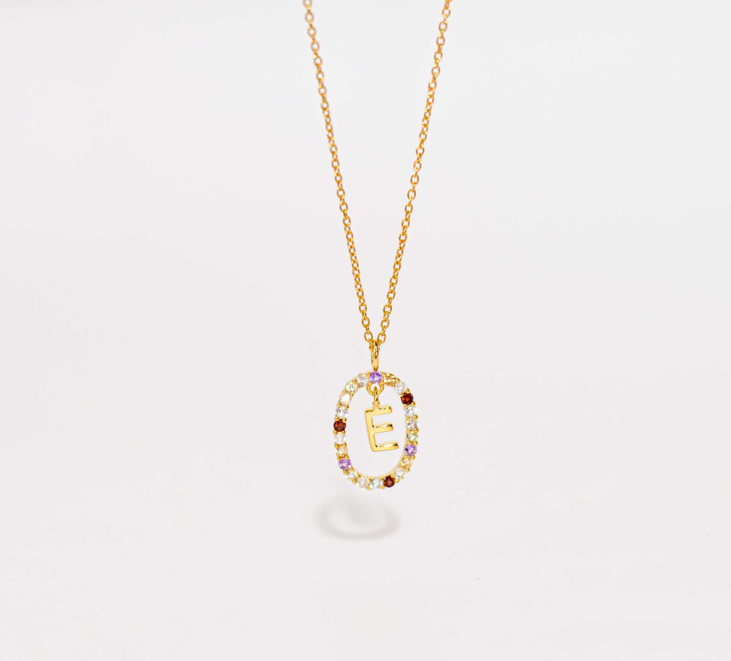 Alphabet "Letter E" with Multi Gemstones Halo Gold plated Necklace