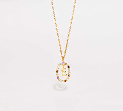 Alphabet "Letter E" with Multi Gemstones Halo Gold plated Necklace