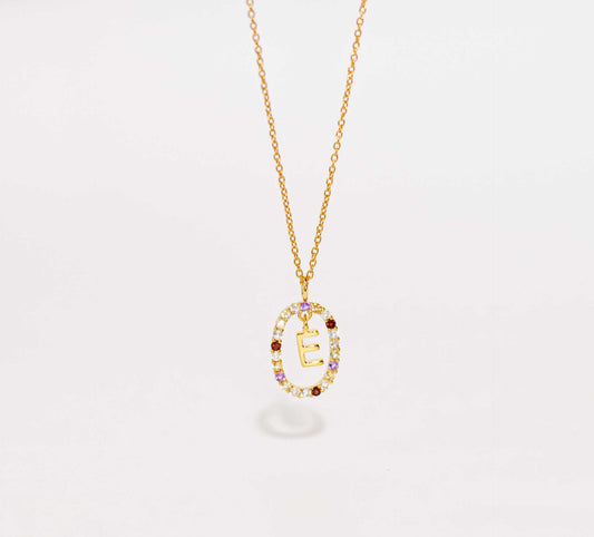 Alphabet "Letter E" with Multi Gemstones Halo Gold plated Necklace