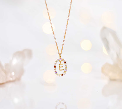 Alphabet "Letter E" with Multi Gemstones Halo Gold plated Necklace