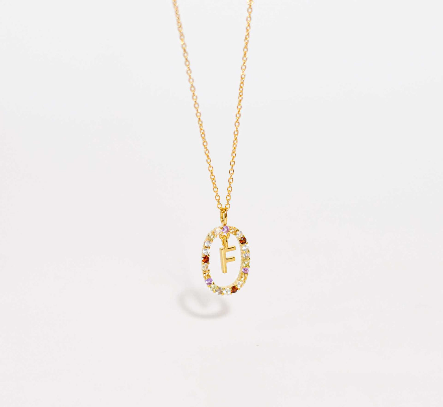 Alphabet "Letter F" with Multi Gemstones Halo Gold plated Necklace
