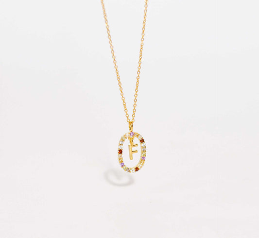 Alphabet "Letter F" with Multi Gemstones Halo Gold plated Necklace