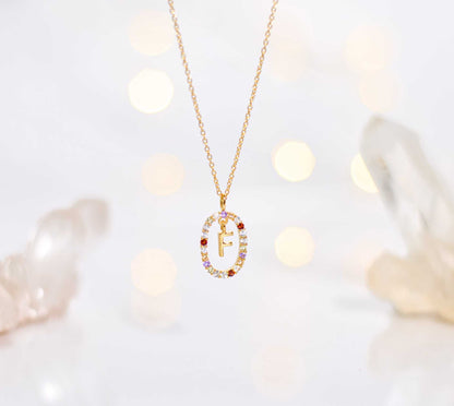 Alphabet "Letter F" with Multi Gemstones Halo Gold plated Necklace