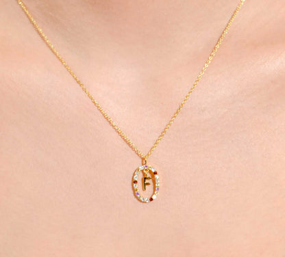 Alphabet "Letter F" with Multi Gemstones Halo Gold plated Necklace