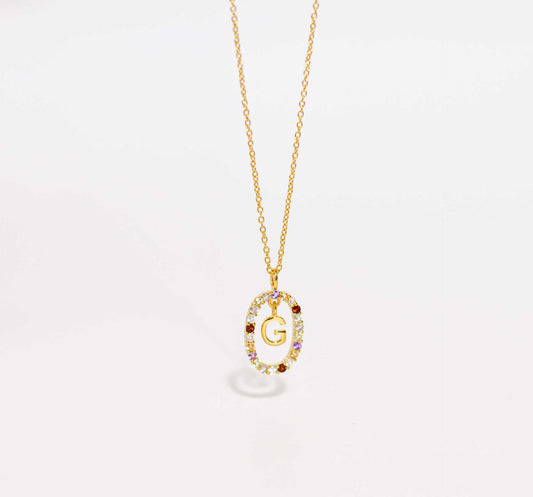 Alphabet "Letter G" with Multi Gemstones Halo Gold plated Necklace
