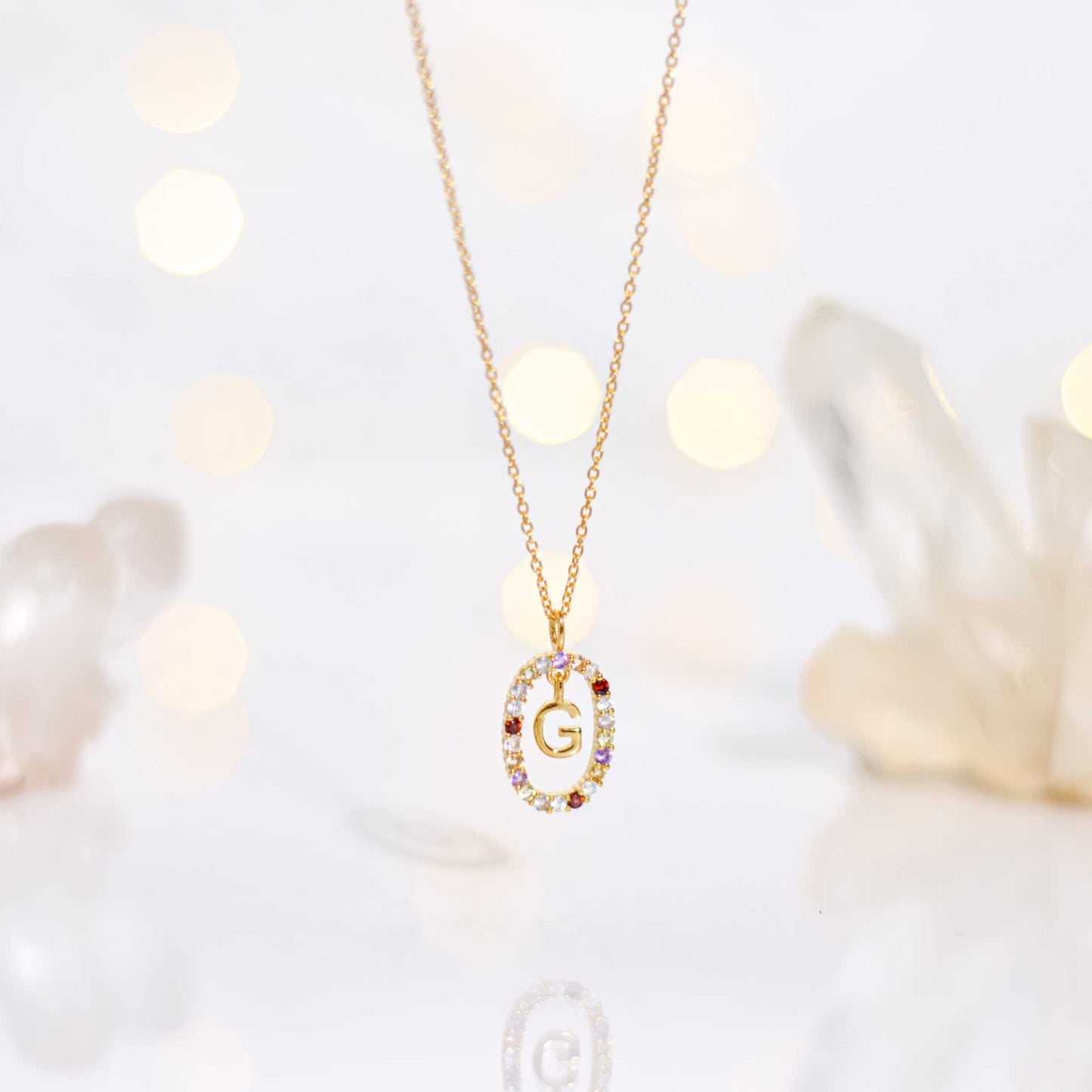 Alphabet "Letter G" with Multi Gemstones Halo Gold plated Necklace