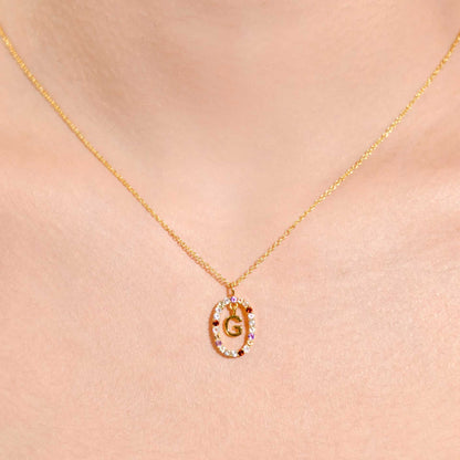 Alphabet "Letter G" with Multi Gemstones Halo Gold plated Necklace