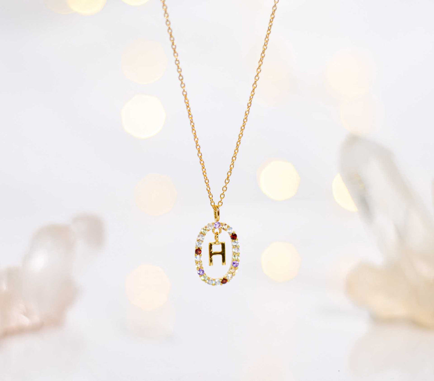 Alphabet "Letter H" with Multi Gemstones Halo Gold plated Necklace