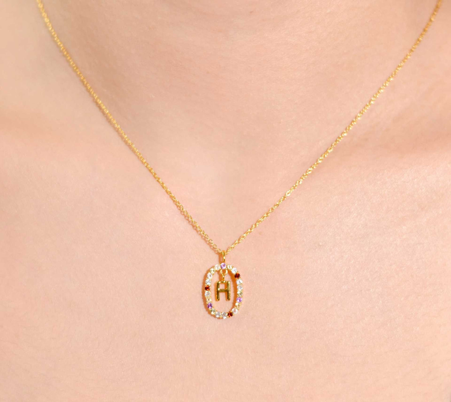 Alphabet "Letter H" with Multi Gemstones Halo Gold plated Necklace