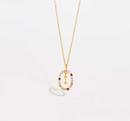 Alphabet "Letter I" with Multi Gemstones Halo Gold plated Necklace