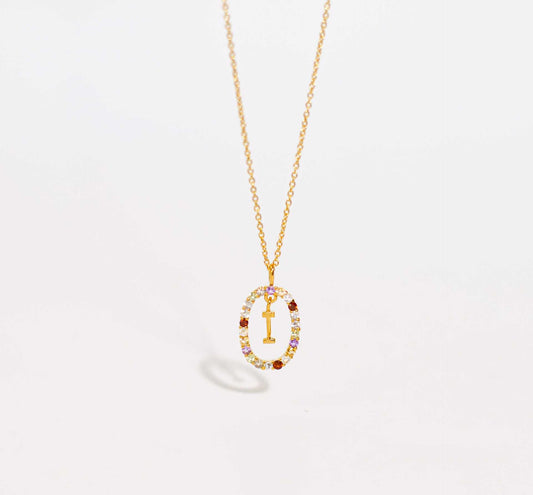 Alphabet "Letter I" with Multi Gemstones Halo Gold plated Necklace