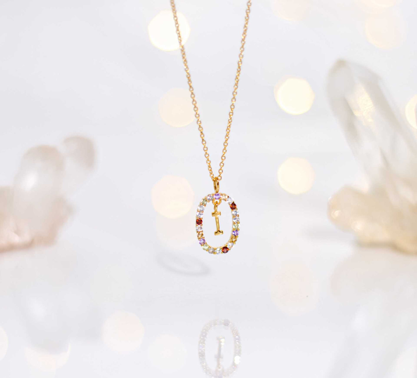 Alphabet "Letter I" with Multi Gemstones Halo Gold plated Necklace