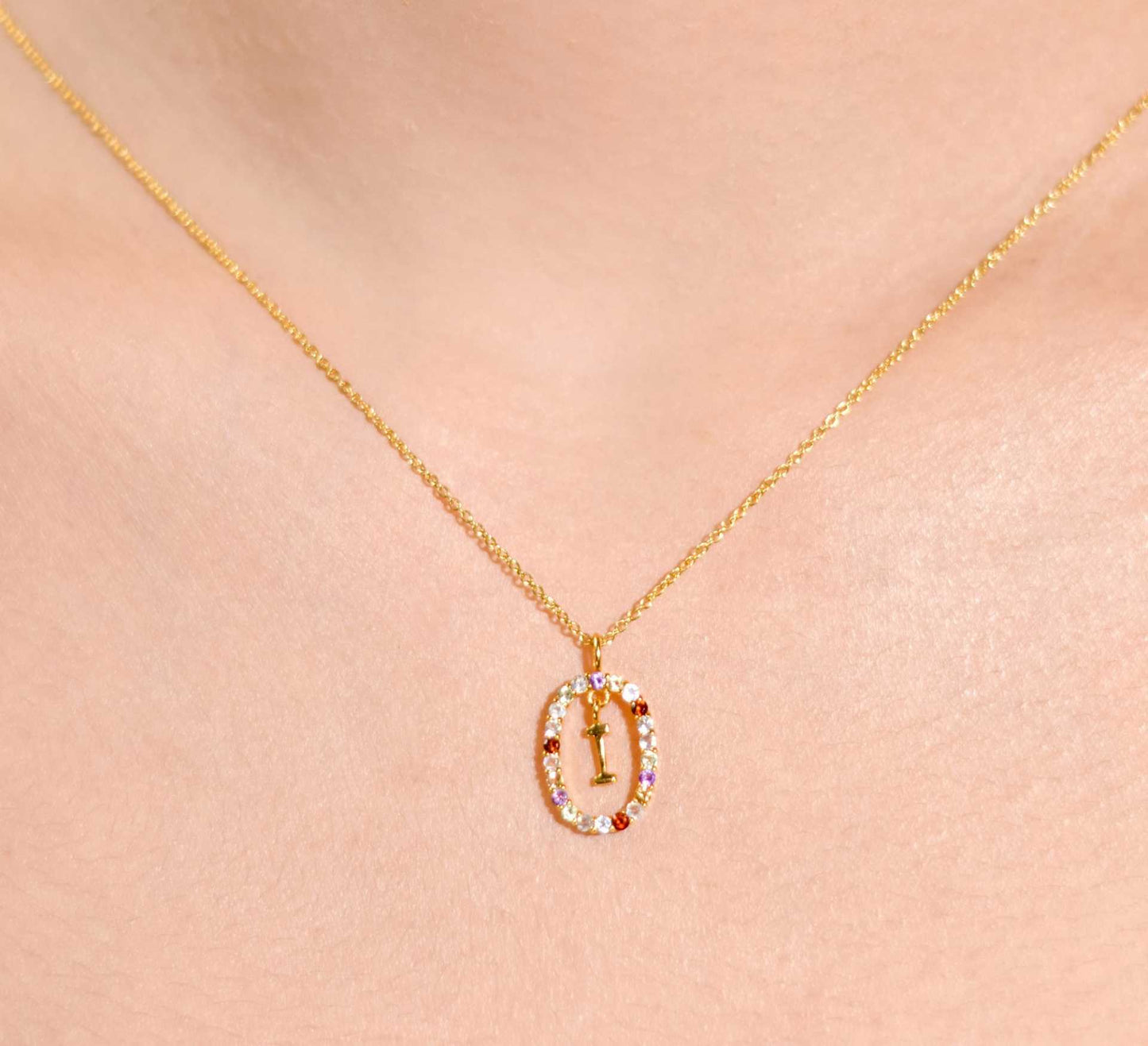 Alphabet "Letter I" with Multi Gemstones Halo Gold plated Necklace
